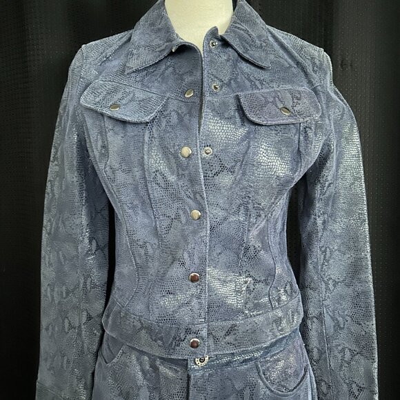 Vintage Y2K 90s Steve Madden Blue Leather Snakeskin Jacket SM Pants Size 8  Set - Picture 1 of 15